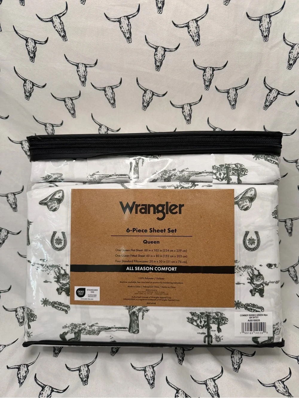 Wrangler White Sheet Set with Green Western Motif